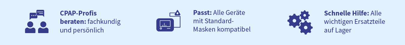 CPAP-Profis beraten: fachkundig und persönlich | Passt: Alle Geräte mit Standard-Masken kompatibel | Schnelle Hilfe: Alle wichtigen Ersatzteile auf Lager